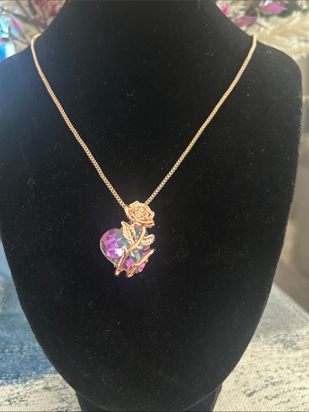 Gold Rose Pendant Necklace with Purple Crystal Heart Accent
